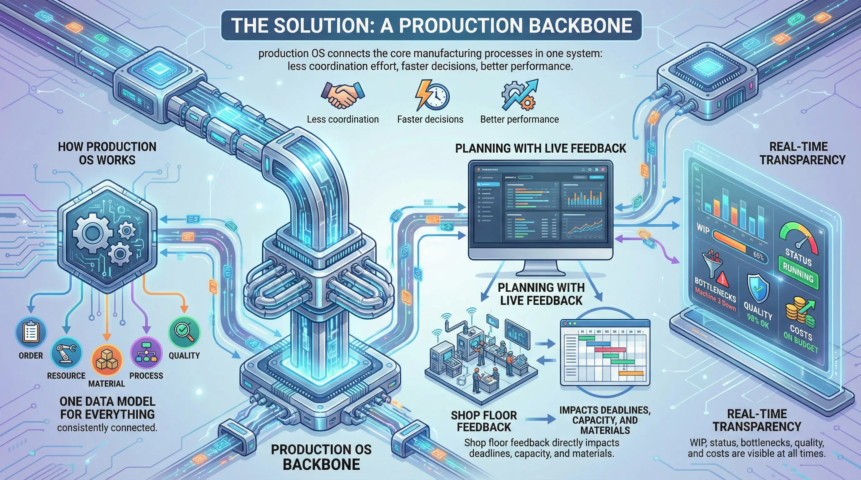 productionOS integriert Planung, Ausführung, Material, Qualität, Rückverfolgbarkeit und Echtzeitkosten in einem zentralen Produktions-Backbone.