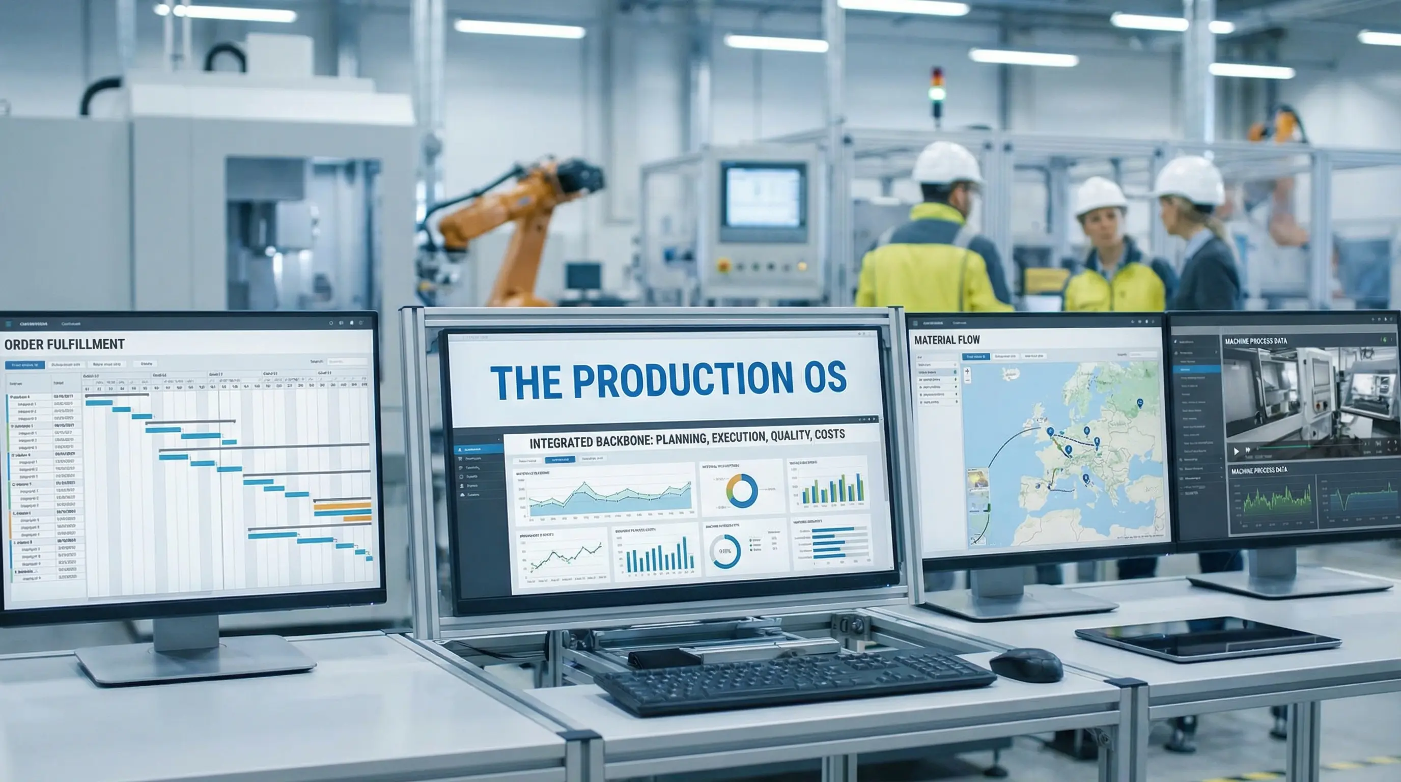 productionOS integriert Planung, Ausführung, Material, Qualität, Rückverfolgbarkeit und Echtzeitkosten in einem zentralen Datenmodell.
